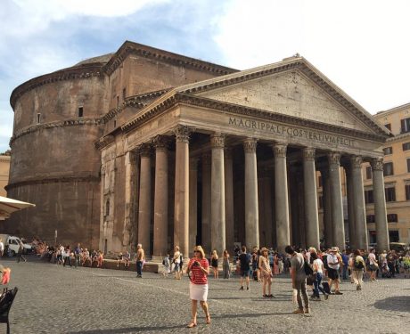The Pantheon. The The Pantheon (temple of every god) is a building in Rome, on the site of an earlier building commissioned by Marcus Agrippa during the reign of Augustus (27 BC – 14 AD). The present building was completed by the emperor Hadrian, and probably dedicated about 126 AD.