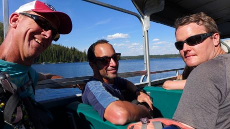 Jerry, Alan and Andrew, on a slow boat across Jenny Lake, with dreams of cold beers...