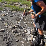 Instructor Amy Davidson, pointing out a fresh bear track.