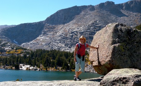 Stopping to pose by one of many beautiful lakes on a recent 25-mile day hike in Wyoming's Wind River Range.