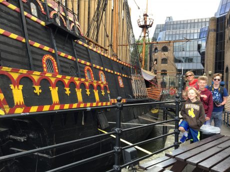 Jerry and the boys at the Golden Hinde II, a replica of Sir Francis Drake's ship.