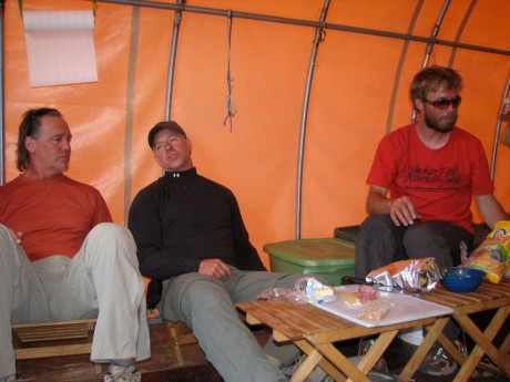 The community/kitchen hut. Here is Jeff Johnson of our group, a client from Corvallis, OR, and our guide, Nate Opp.