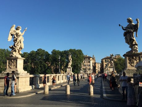 The spectacular Ponte Sant' Angelo Bridge, in Rome, a bridge that was completed in 134 AD by Roman Emperor Hadrian.