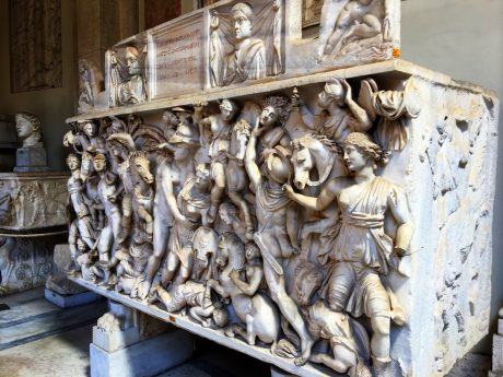 A sarcophagus that was for a couple, with a scene of Greeks fighting Amazons.