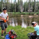 Holly and Kathy, refilling their hydration packs at the Middle Fork of the Popo Agie.