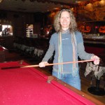 The trip was not only about the ski race. We stopped at the famous Cowboy Bar, in Jackson, WY, for a quick game of pool. Kathy chalks up here.