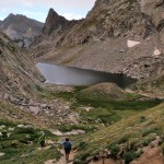 Holly and Kathy ascending the last stretch to the end of Jackass Pass. That's Arrowhead Lake.