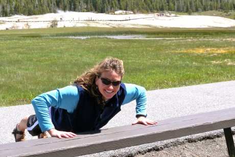 Getting some incline pushups in while Jerry and the kids walked the Upper Geyser Basin trail in Yellowstone.