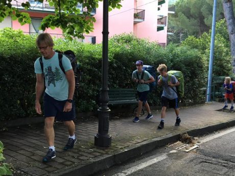 On the move again. Jerry and the boys on our walk to the Moneglia train station.