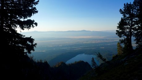 At 6.5 miles in, this view of Phelps Lake, the Snake River and the Gros Ventre Mountains.