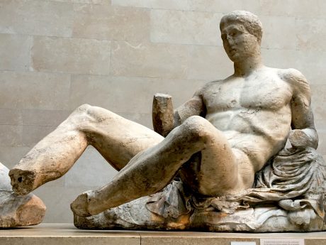  Part of the Elgin Marbles, this naked man reclines on a rock, cushioned by the skin of a feline animal. He is probably Dionysos, god of wine. (His missing right hand perhaps held a cup of wine?)