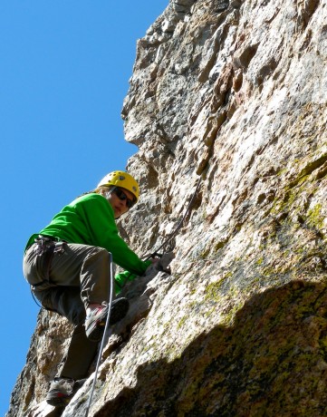 Kathy makes her way up Pitch 2 of 3 on All Along the Watchtower.