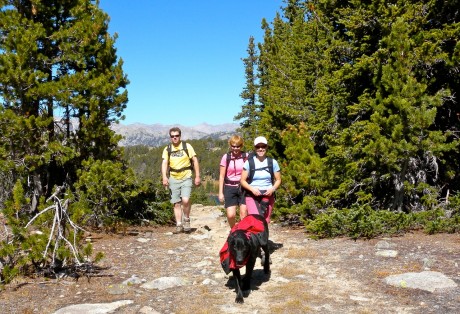 Holly and her dog, Milo, Leann and Florian, hiking through the Deep Creek and Ice Lakes region.