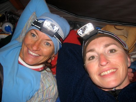 Kathy and I in our tent the night before Summit day, unable to sleep.