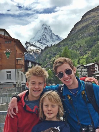 Hayden Fin and Wolf, in Zermatt, in front of the Matterhorn.