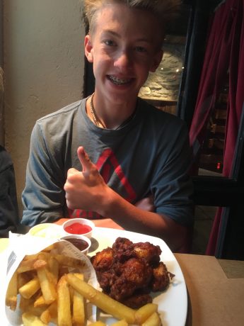 Our middle son, Hayden, pleased with his wings and fries at The Brown Cow Pub.