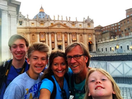 Family selfie in front of St. Peter's Basilica in Rome.